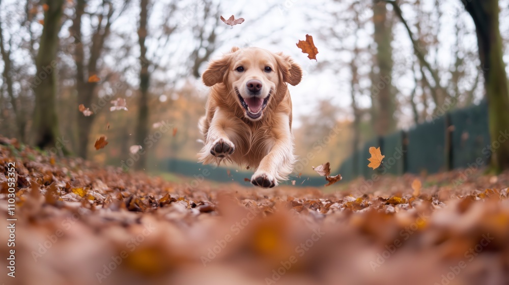 Joyful Golden Retriever Playing in Autumn Leaves