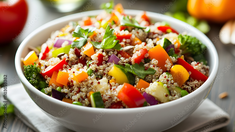 Bowl of quinoa salad with mixed vegetables and a sprout