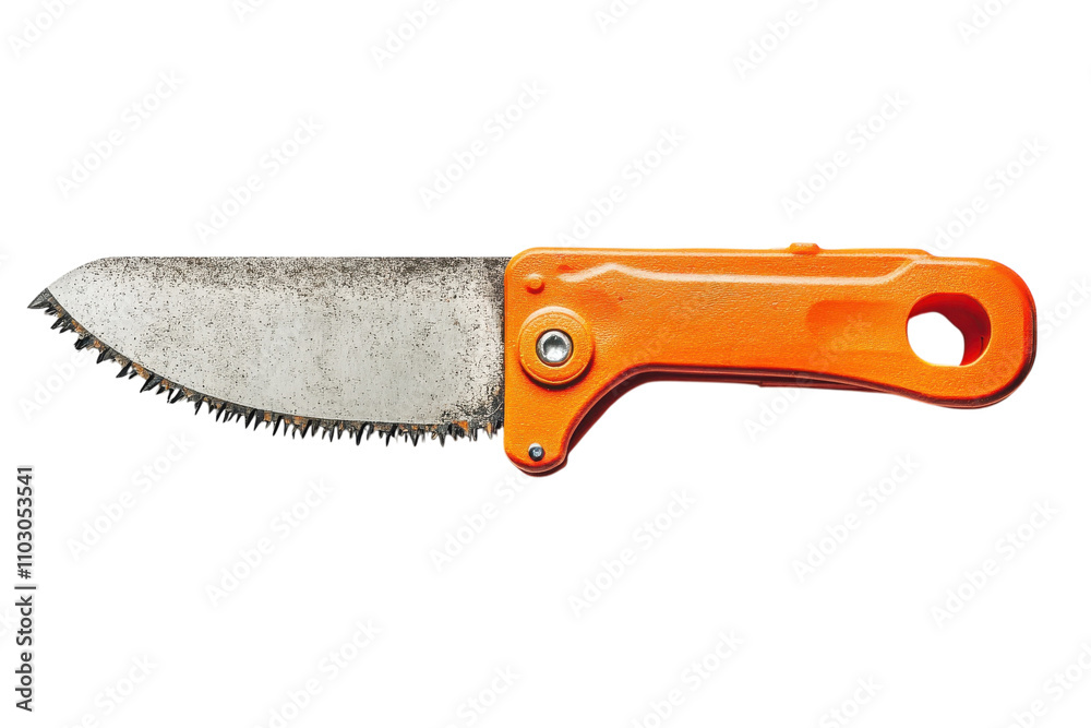 Orange handled saw with a worn blade suitable for woodworking and outdoor projects Orange handled saw with a worn blade suitable for woodworking and outdoor projects