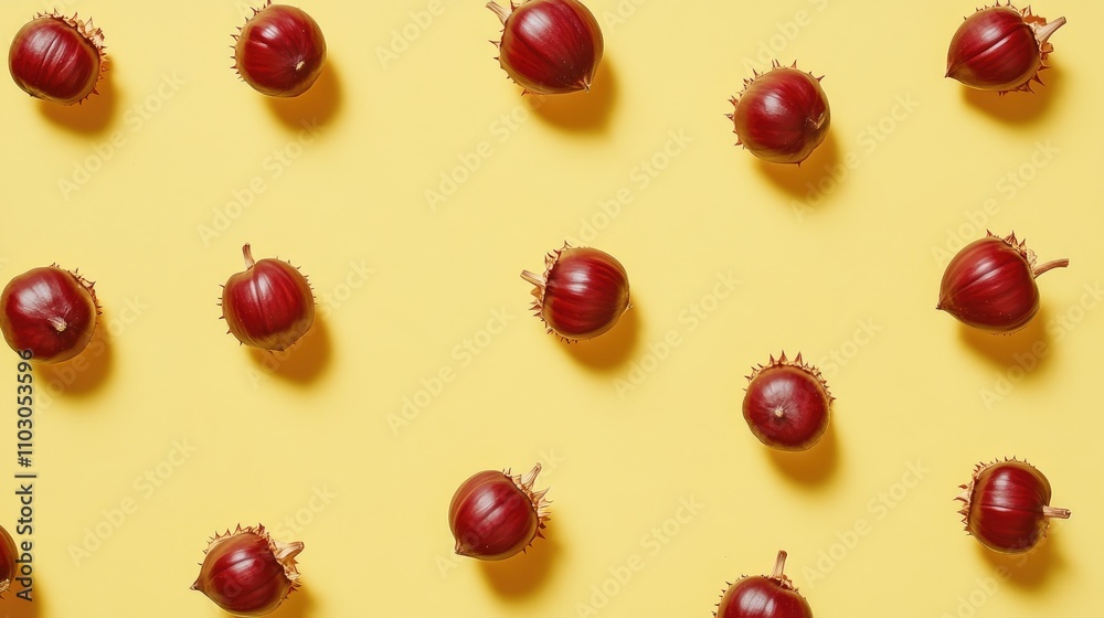 Flat lay arrangement of glossy horse chestnuts scattered evenly on a bright yellow background, showcasing their rich brown color and spiky outer shells. Flat lay arrangement of glossy horse chestnuts scattered evenly on a bright yellow background, showcasing their rich brown color and spiky outer shells.