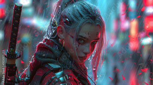 Futuristic Warrior Female in Neon Cityscape Under Rain