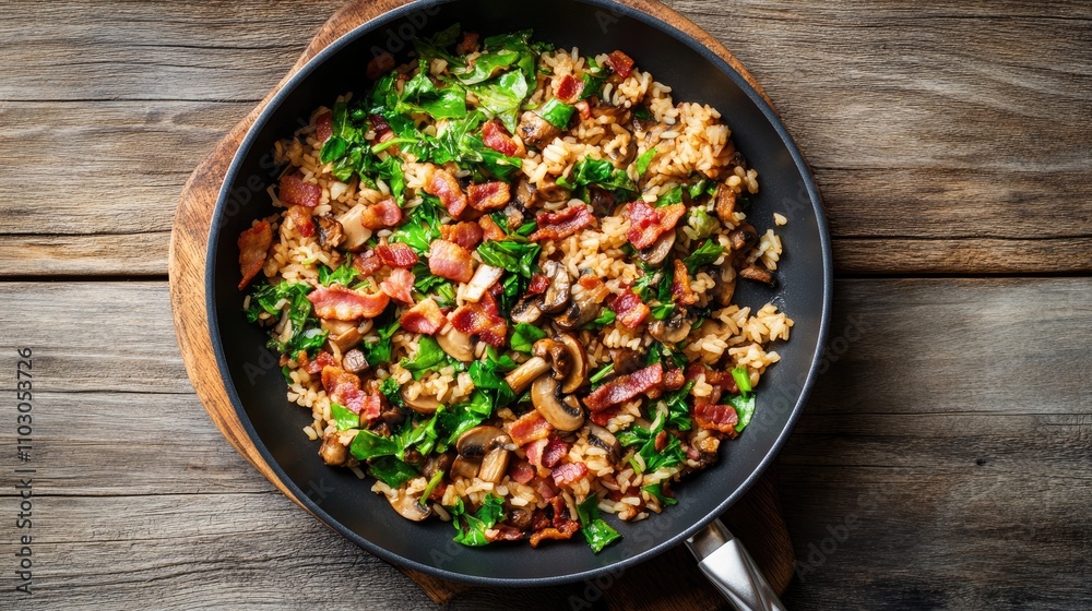 Fried rice with crispy bacon, savory mushrooms, and fresh greens cooked in a black frying pan on a rustic wooden surface Fried rice with crispy bacon, savory mushrooms, and fresh greens cooked in a black frying pan on a rustic wooden surface