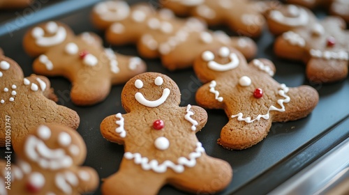 Festive gingerbread cookies arranged on a baking tray, featuring smiling faces and decorative icing, ready for holiday baking activities.