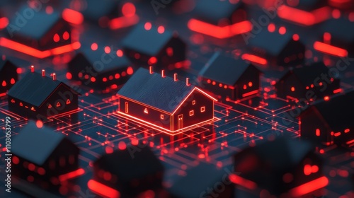 A digital representation of houses illuminated in red, highlighting one central house amidst a network of homes on a circuit-like background.