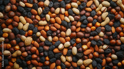 Diverse assortment of nuts and dried fruits viewed from above, highlighting organic textures and rich colors on a rustic background.