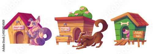 Cartoon pets awaiting adoption near colorful wooden shelters. Cute happy playful dogs in cozy homes with flower bush and bone ornaments. Set of pup companions beside kennels with Adopt me sign.