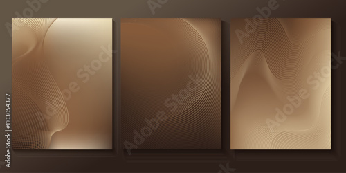 Set of chic elegant cards in brown, beige, yellow shades. Golden, copper lines, waves. Geometric pattern. Cover, packaging, business template. Frame for branding, logo, invitation. Gradient mesh.