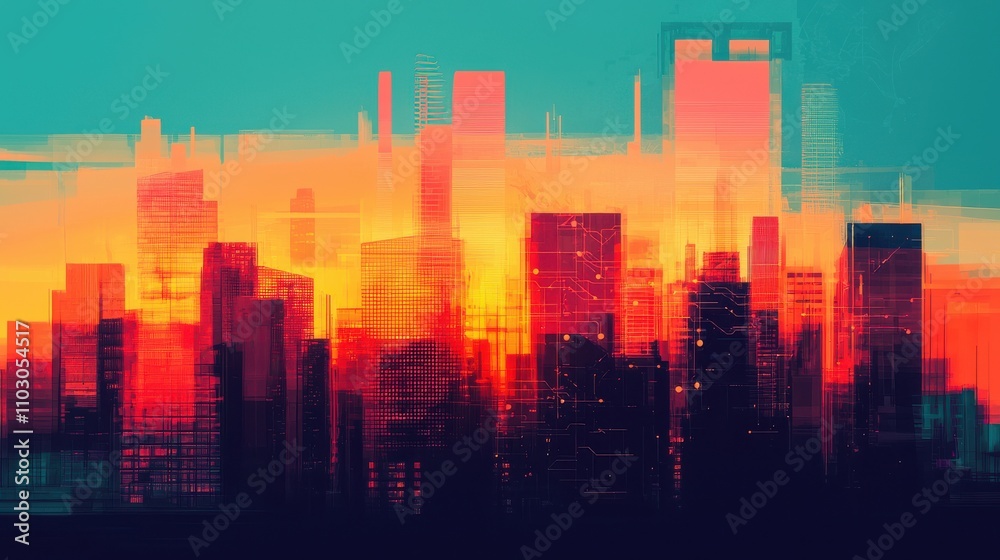 Fototapeta premium A vibrant, abstract city skyline at sunset, featuring bold colors and geometric shapes that evoke a sense of modernity and energy.