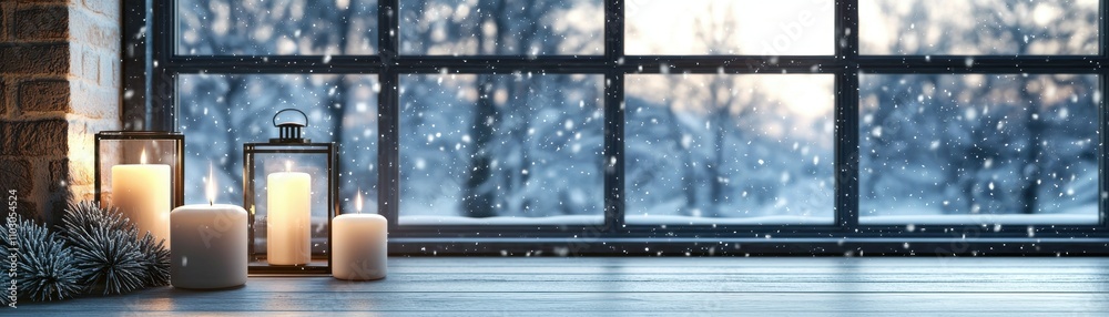Fototapeta premium Cozy Winter Window Scene Candles Snow and Peace