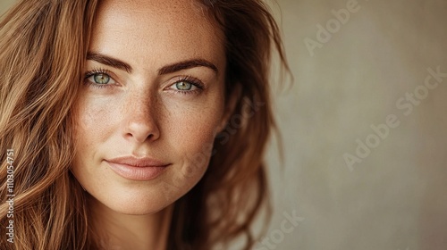 Natural Portrait of a Young Woman with Freckles and Blue Eyes