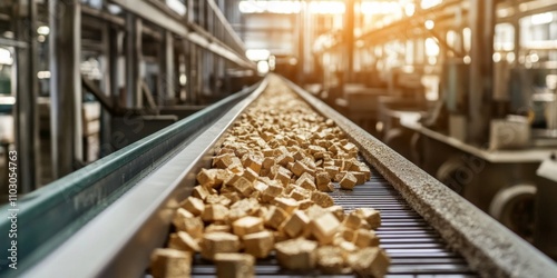 Mining Industry Conceptual Shallow DOF Industrial Photo of Ore Rocks on Conveyor Belt in Gold Extraction Plant