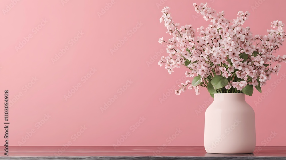 Elegant Arrangement of Delicate Pink Flowers in a Soft Pink Vase Set Against a Warm Blush Background, Perfect for Home Decor or Spring Theme Designs Elegant Arrangement of Delicate Pink Flowers in a Soft Pink Vase Set Against a Warm Blush Background, Perfect for Home Decor or Spring Theme Designs