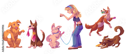 Cartoon pets displaying different behavior. Vector illustration set of playful funny dogs with young woman owner or trainer. Positive training and recreational activities of domestic animals.