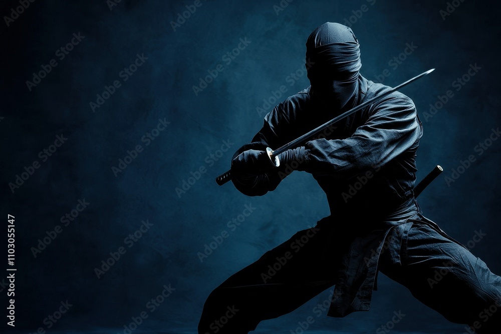 Naklejka premium Mysterious Ninja Warrior with Katana Dark Blue Background