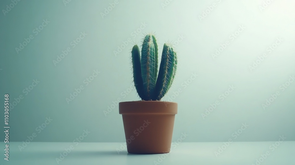 Potted cactus with spiny green arms prominently displayed in a simple terracotta pot against a soft, muted white backdrop.