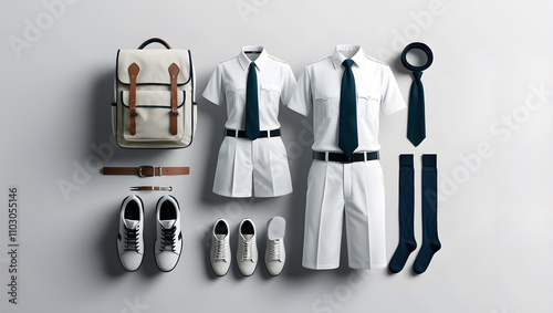 Create a realistic mockup of a design template. Soft colors. School uniform template design. School uniform, school shorts, belt, school bag, school shoes, socks, necktie, isolated on white background photo