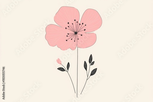 Charming hand-drawn pink flower illustration. Whimsical art for baby rooms showcasing a happy bloom against a soft backdrop. Playful kawaii style ideal for children's decor. Lovely print for youth