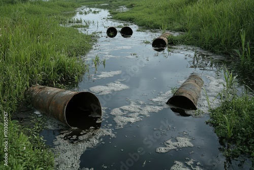 Polluted river impacted by factory discharges, showing murky waters, debris, and visible sewage outlets. The ecological effects demonstrate human negligence and environmental damage