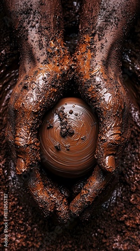 Hands of a ceramist shaping a delicate vase on a pottery wheel with clay splattered around in a creative studio
