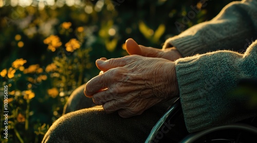 Elderly hands placed on the armrest of a wheelchair, the peaceful garden background evoking a sense of calm and graceful aging in natural surroundings.