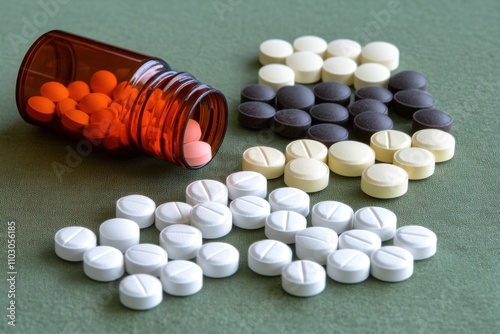 Various categories of medicine tablets, capsules, pills, and a bottle displayed on a green surface with an area designated for adding text photo