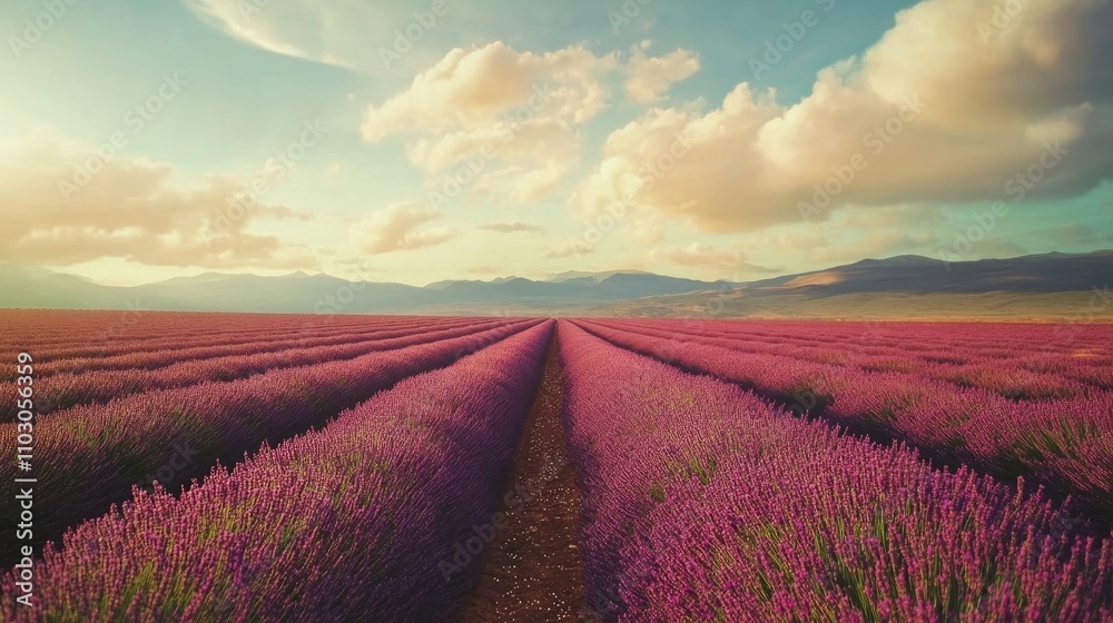 Obraz premium Lavender field under a pastel sky with fluffy clouds, showcasing vibrant purple blossoms stretching to distant mountains.
