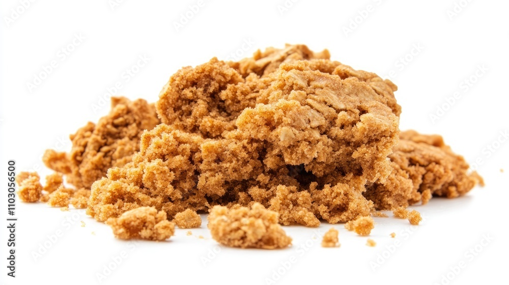 Crumbling oatmeal cookie fragments scattered on a white background showcasing their textured, golden-brown surface and crunchy texture. Crumbling oatmeal cookie fragments scattered on a white background showcasing their textured, golden-brown surface and crunchy texture.