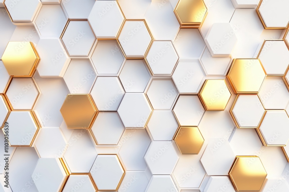 Sophisticated white opulent background showcasing golden hexagonal shapes Sophisticated white opulent background showcasing golden hexagonal shapes
