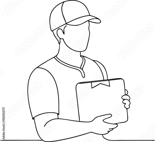 line drawing of delivery person holding parcel, line art vector illustration