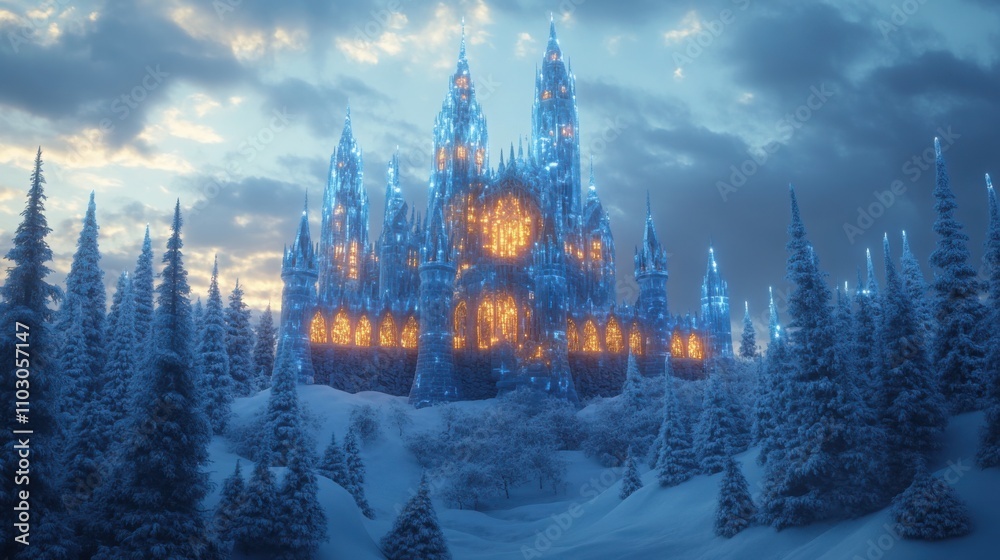 Obraz premium a fantasy-inspired ice castle with tall spires and glowing lights inside