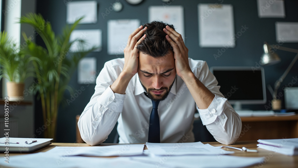 Stressed Businessman with Headache at Cluttered Desk: Workplace Pressure and Burnout in Corporate Environment Stressed Businessman with Headache at Cluttered Desk: Workplace Pressure and Burnout in Corporate Environment