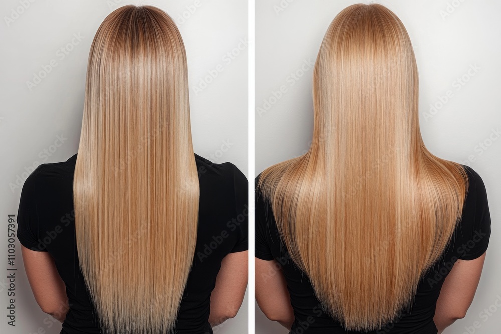 Blonde Woman's Hair Transformation Before and After Keratin Treatment for Length and Volume Enhancement at Salon Blonde Woman's Hair Transformation Before and After Keratin Treatment for Length and Volume Enhancement at Salon