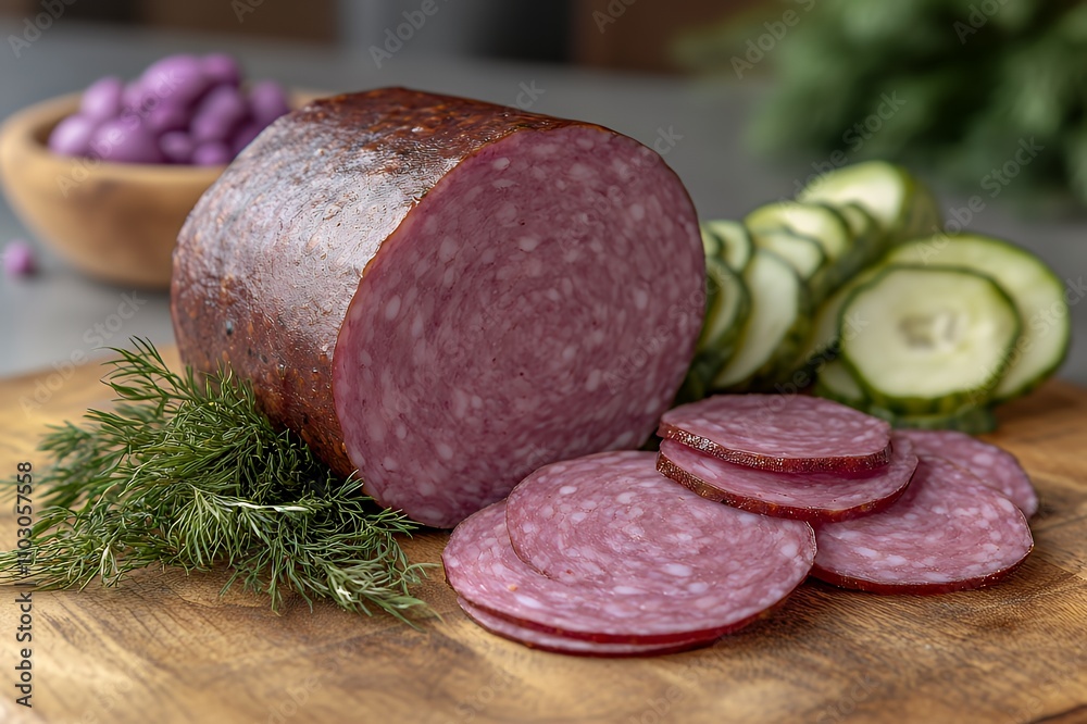 Sliced salami with cucumbers and dill on a wooden board, showcasing a savory food arrangement. Sliced salami with cucumbers and dill on a wooden board, showcasing a savory food arrangement.