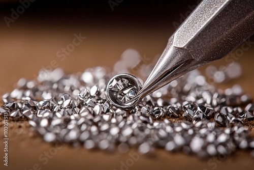 Process of jewelry-making with tiny tools and gemstones on a textured workspace for a bespoke collection photo