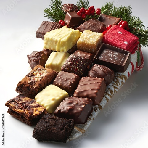 A beautifully arranged collection of artisanal chocolates and gourmet sweets, elegantly displayed in a decorative holiday stocking, on a pristine white background. Product photography with high photo