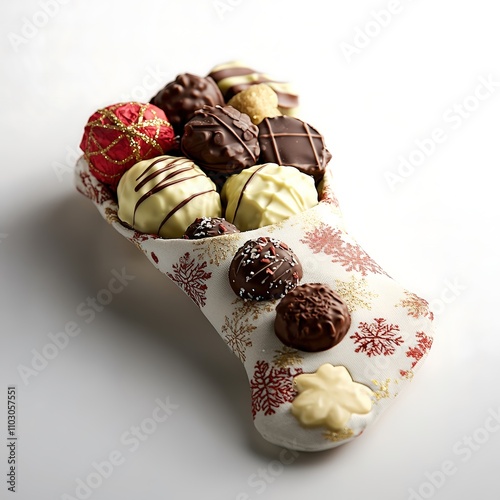 A beautifully arranged collection of artisanal chocolates and gourmet sweets, elegantly displayed in a decorative holiday stocking, on a pristine white background. Product photography with high photo