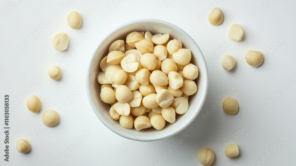 Raw macadamia nuts in a white bowl surrounded by scattered nuts on a clean, bright backdrop, showcasing their smooth, light-colored texture. Raw macadamia nuts in a white bowl surrounded by scattered nuts on a clean, bright backdrop, showcasing their smooth, light-colored texture.