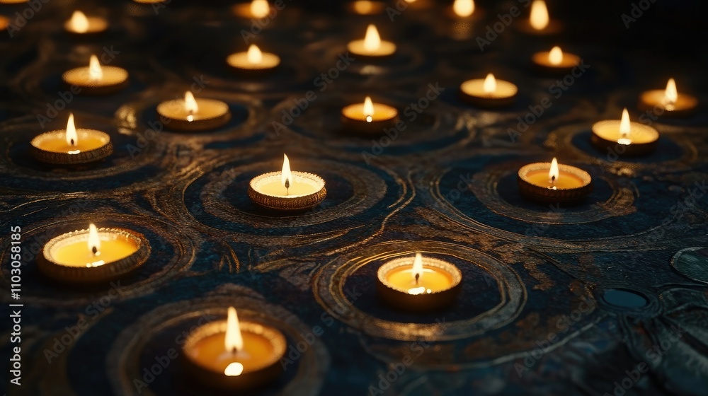 Traditional Indian Rangoli design, illuminated by rows of diyas, symbolizing Diwali celebrations Traditional Indian Rangoli design, illuminated by rows of diyas, symbolizing Diwali celebrations