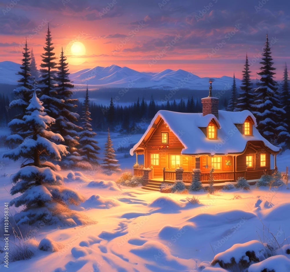 Fototapeta premium Illustration of glowing and decorative home with winter landscape.