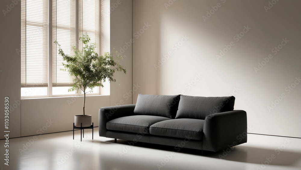 Fototapeta premium Sofa in a minimalist living room with indoor plant