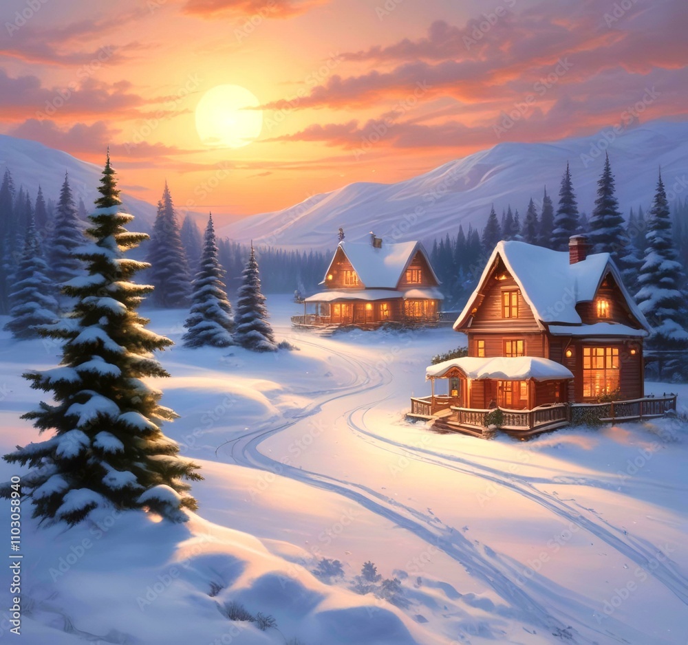 Naklejka premium Illustration of glowing and decorative home with winter landscape.