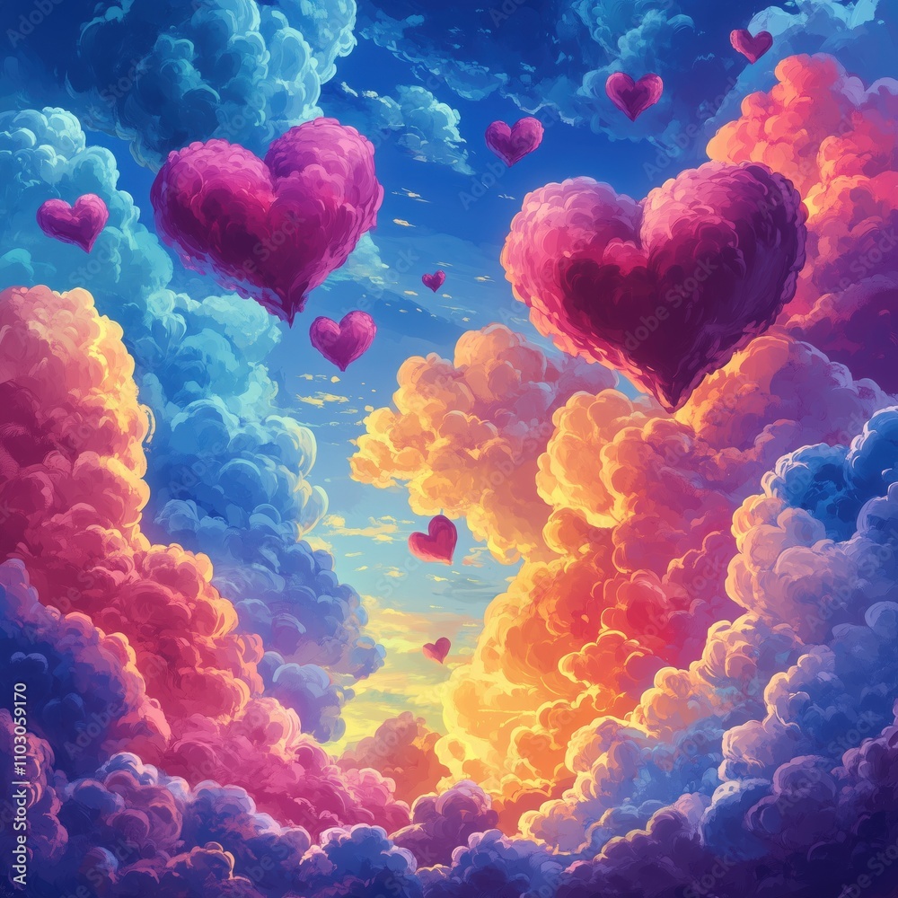 Heart Shaped Clouds in the Blue Sky with Underwater Elements and Love Theme Heart Shaped Clouds in the Blue Sky with Underwater Elements and Love Theme