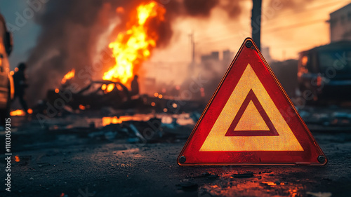 Warning sign on o road fire in background, emergency sign generated.AI