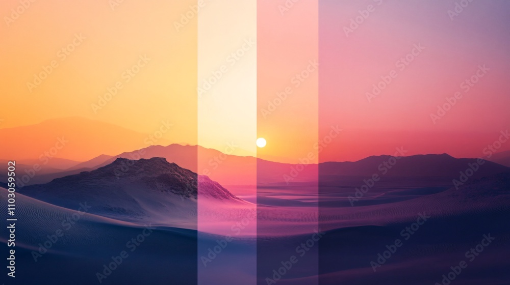 Serene Sunset over Desert Dunes A Multi-hued Panorama Serene Sunset over Desert Dunes A Multi-hued Panorama