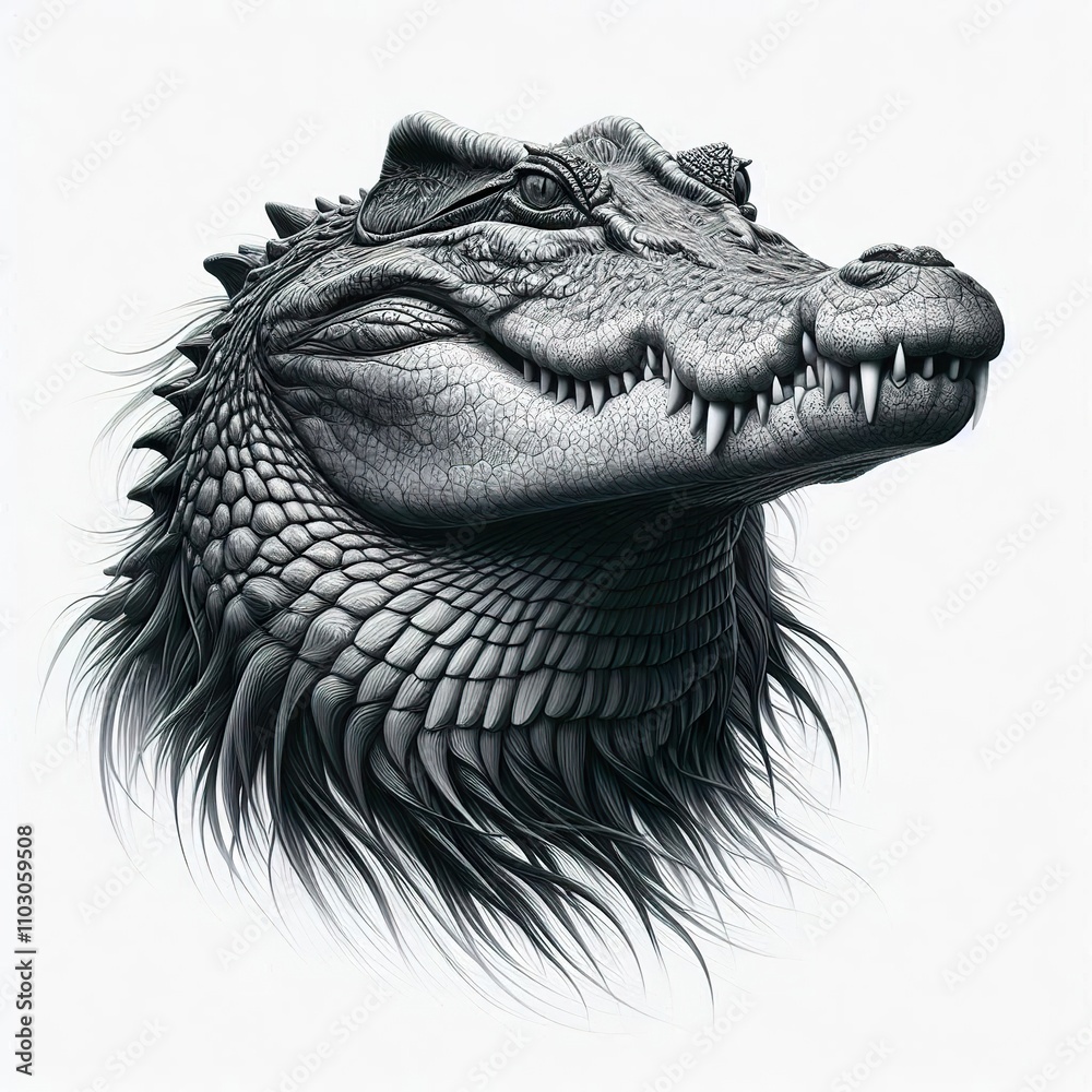 Majestic crocodile Portrait, Canine Art, white background, minimalist Majestic crocodile Portrait, Canine Art, white background, minimalist