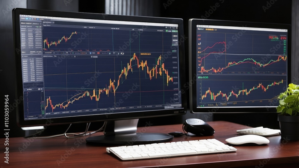 Comprehensive financial analysis: live stock market graphs and trends displayed on a high-resolution computer monitor Comprehensive financial analysis: live stock market graphs and trends displayed on a high-resolution computer monitor