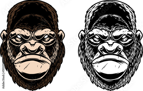Illustration of gorilla in monochrome and color styles. Design element for t shirt, emblem, badge. Vector illustration