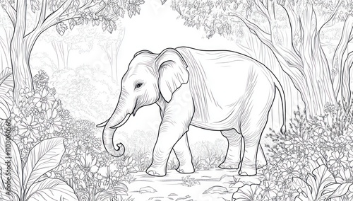 Here's a description and keywords for your image.. Line art illustration of an elephant in a lush jungle setting. photo