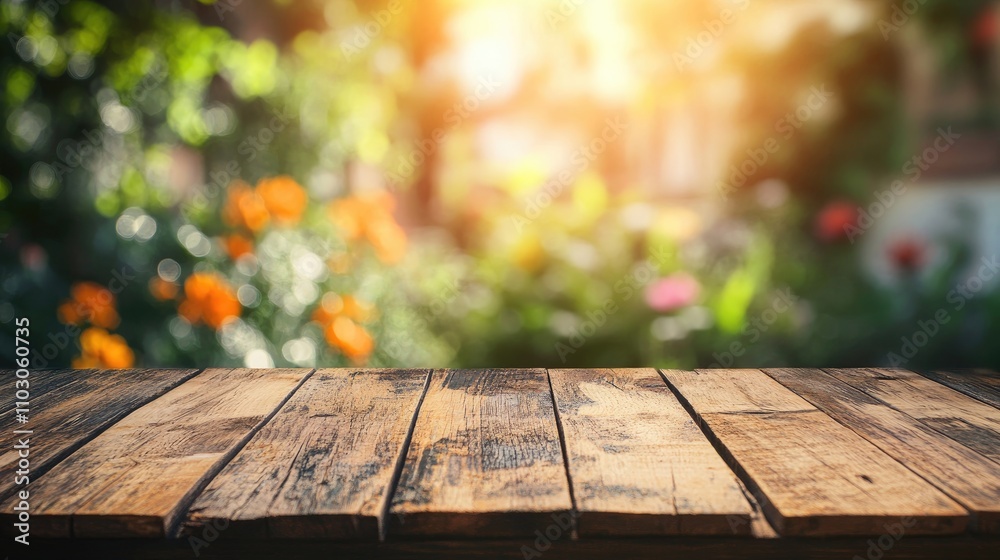 Rustic wooden tabletop against a blurred vibrant garden backdrop with colorful flowers and warm sunlight creating a serene atmosphere Rustic wooden tabletop against a blurred vibrant garden backdrop with colorful flowers and warm sunlight creating a serene atmosphere