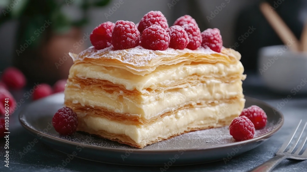 Layered puff pastry cake filled with rich custard and topped with fresh raspberries on a dark plate, dusted with powdered sugar. Layered puff pastry cake filled with rich custard and topped with fresh raspberries on a dark plate, dusted with powdered sugar.